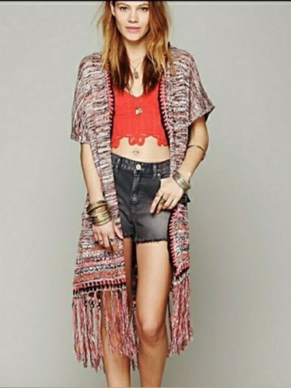 Free People Jungle Heat Fringe Marled Knit Long Hooded Fringe Cardigan Medium